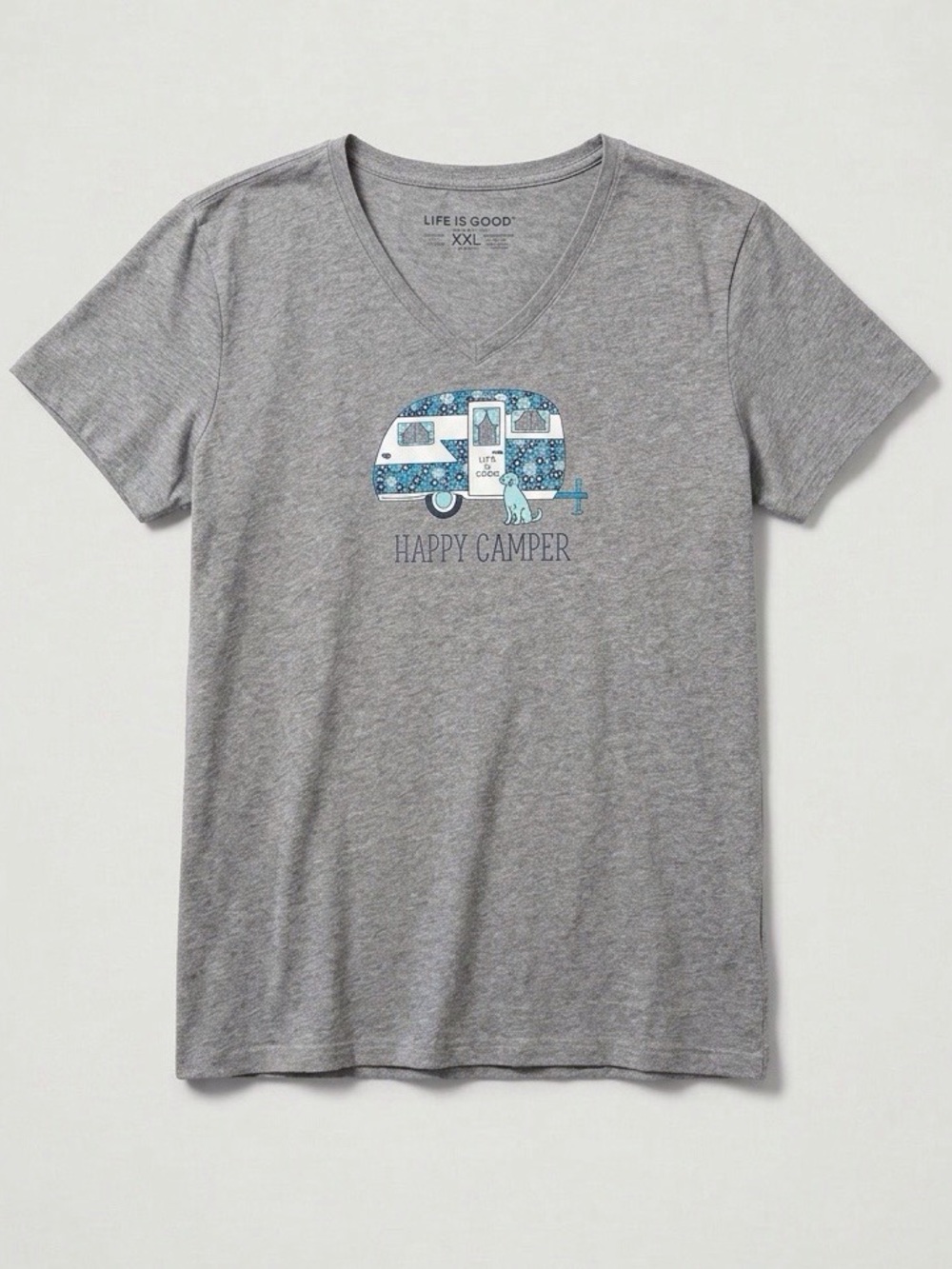 Life Is Good Grey V-Neck Tee Happy Camper V-Neck XXL